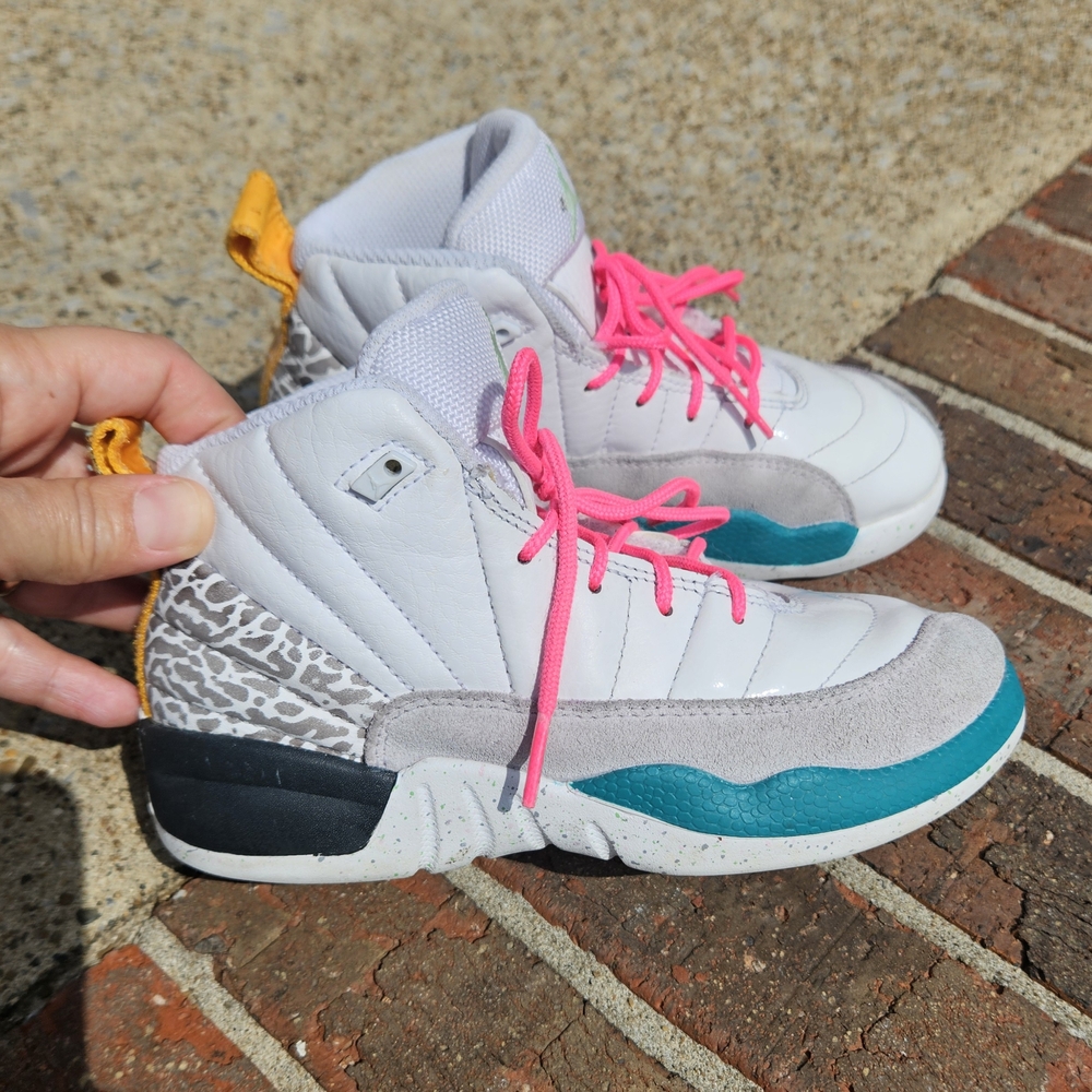 White and Teal High-Top Sneakers with Pink Laces